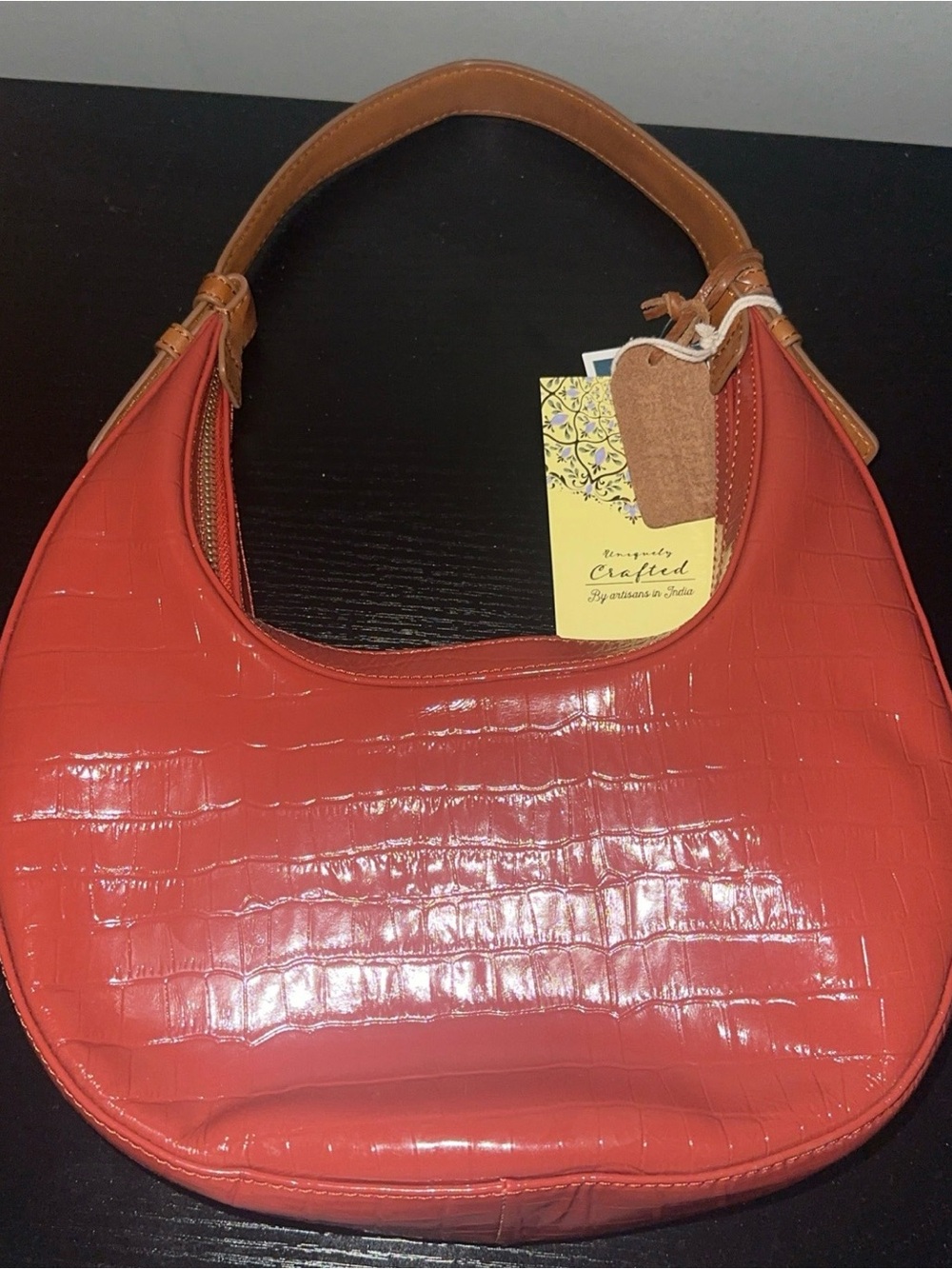 Women's Red Croc-Embossed Shoulder Bag